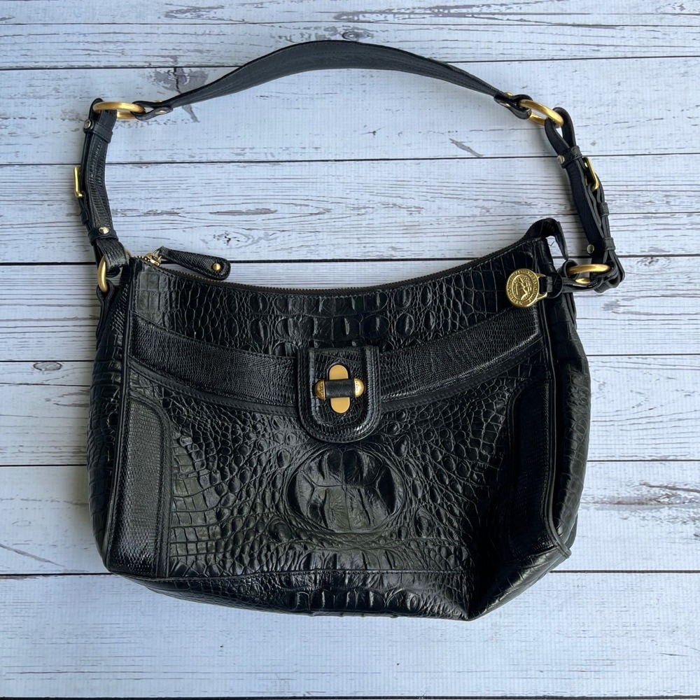 BRAHMIN Black Croc‎ Embossed Leather Purse Luxury Designer Timeless Classic